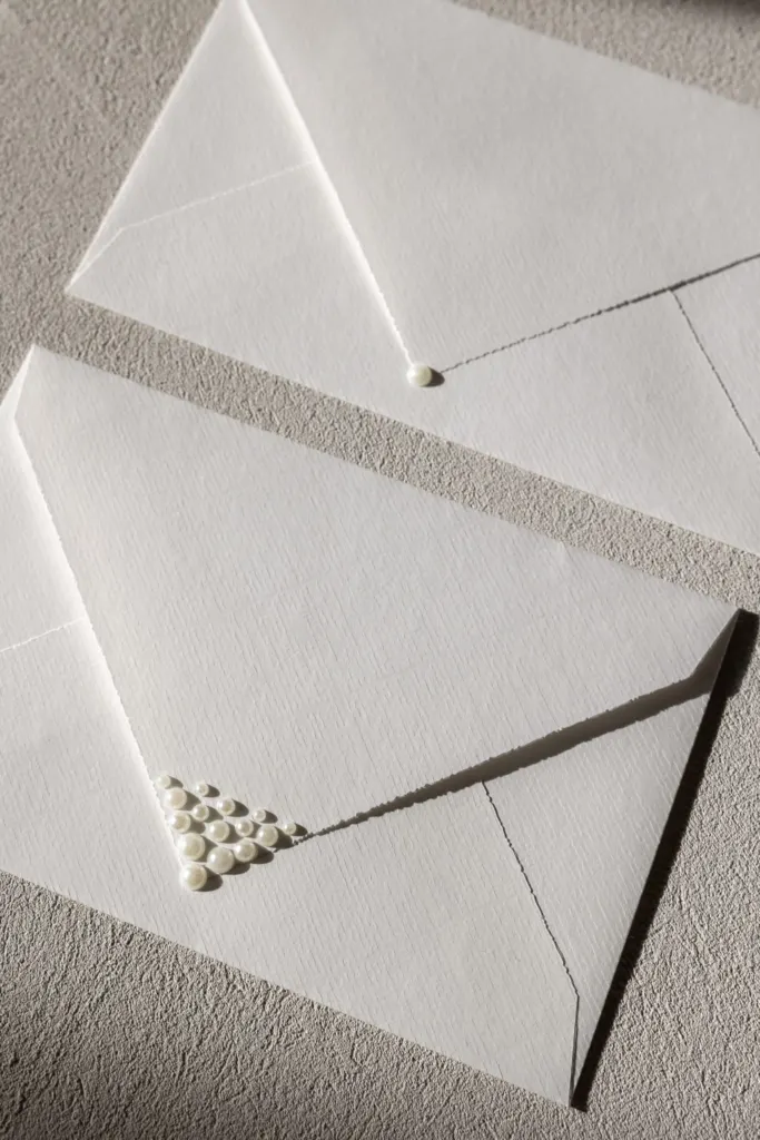 Witte enveloppen met parels, in zacht zijlicht